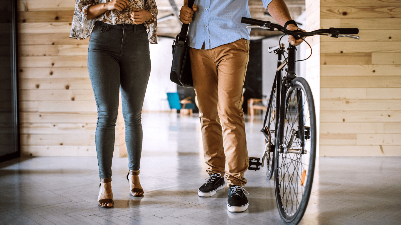 Two colleagues arriving at their sustainable office space 